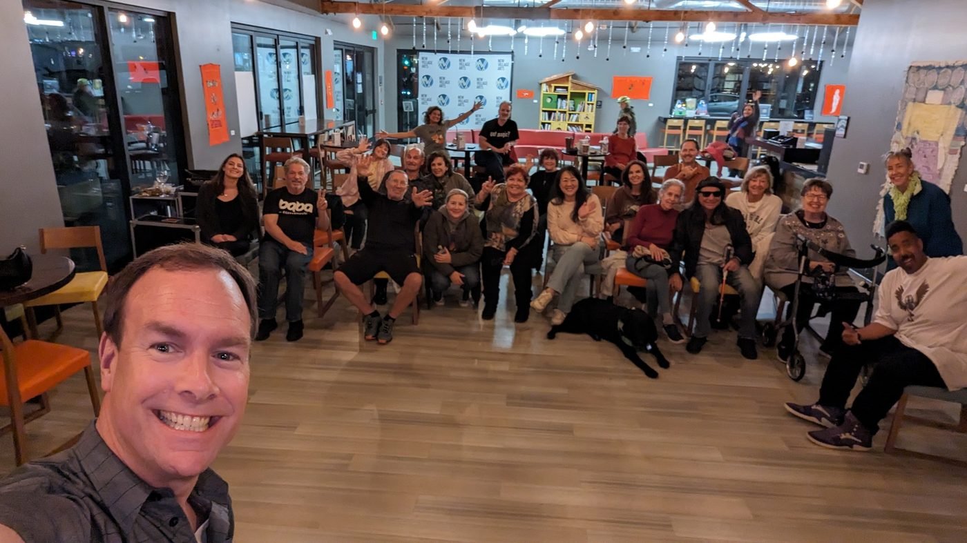 Patrick McInnis with a group of students at a drop-in improv class